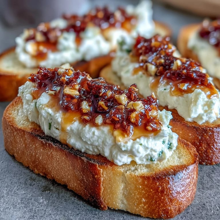 Crisp chili crunch and fresh basil garnish these Hot Honey Ricotta Bruschetta bites.