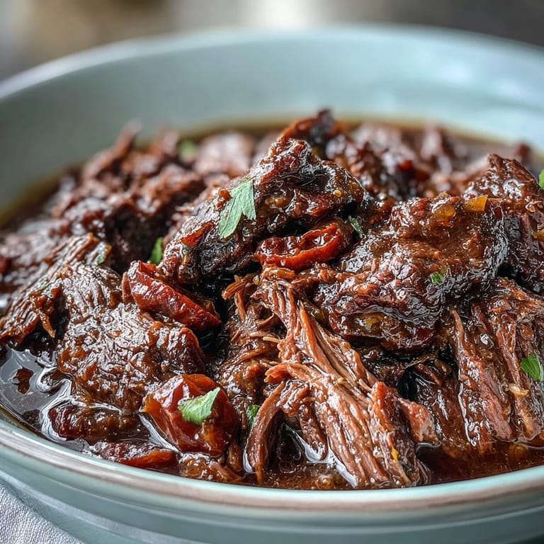 Tender shredded beef infused with ranch seasoning and buttery au jus juices, served over creamy mashed potatoes with pepperoncini peppers for a hearty dinner.