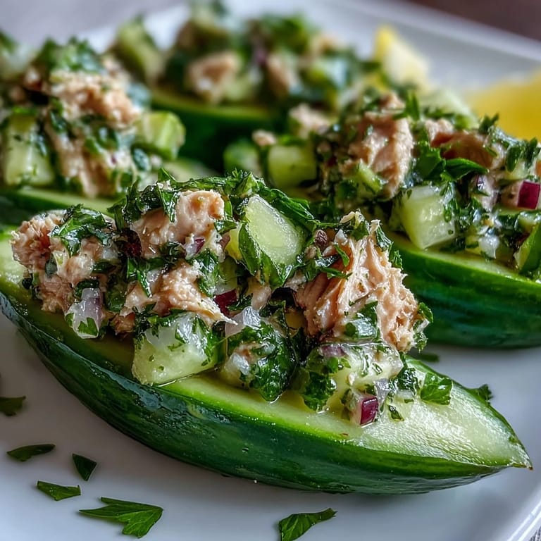 A close-up view of 10-Minute Tuna Avocado Cucumber Boats topped with fresh parsley and lemon juice.