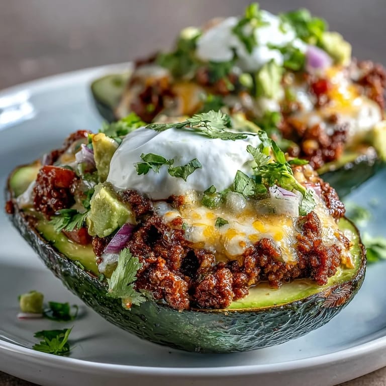 Close-up of Keto Taco Stuffed Avocados with juicy beef, melted cheddar, tangy sour cream, and fresh lime wedges nearby.