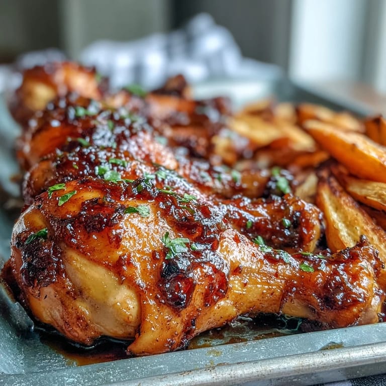 Close-up of sticky Sheet Pan Honey Garlic Chicken Drumsticks with Roasted Carrots showing juicy meat and caramelized, herb-seasoned edges.