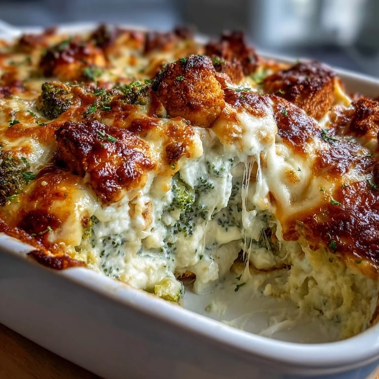A serving spoon lifts a cheesy scoop of Keto Creamy Chicken and Broccoli Casserole beside fresh broccoli florets.