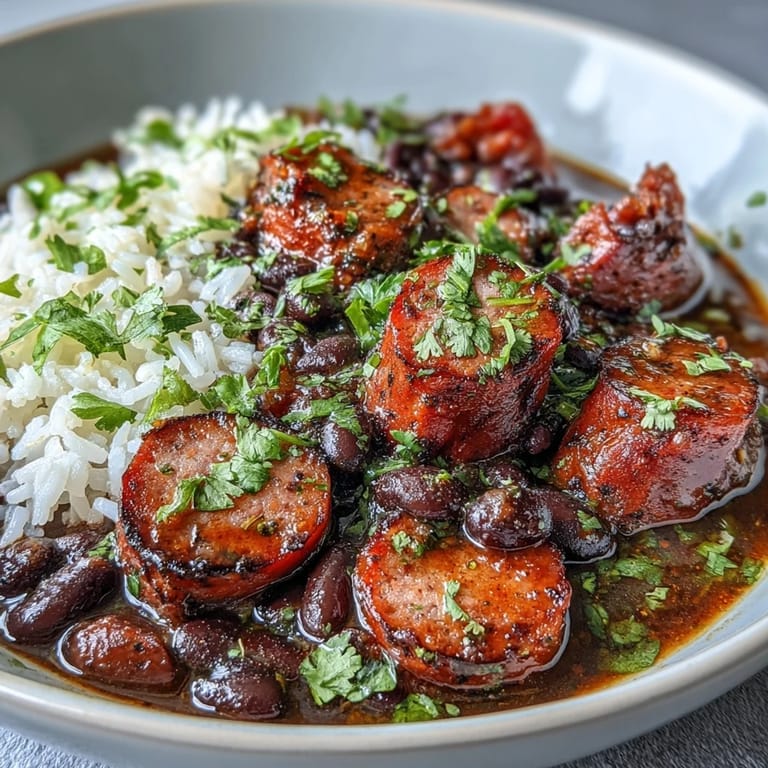 Flavorful black beans and sausage skillet with tender rice simmered in zesty tomato broth.  
