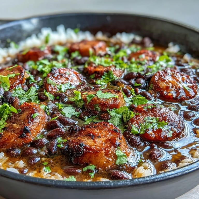 One-pan black beans, sausage, and rice dish topped with fresh cilantro and lime wedges.