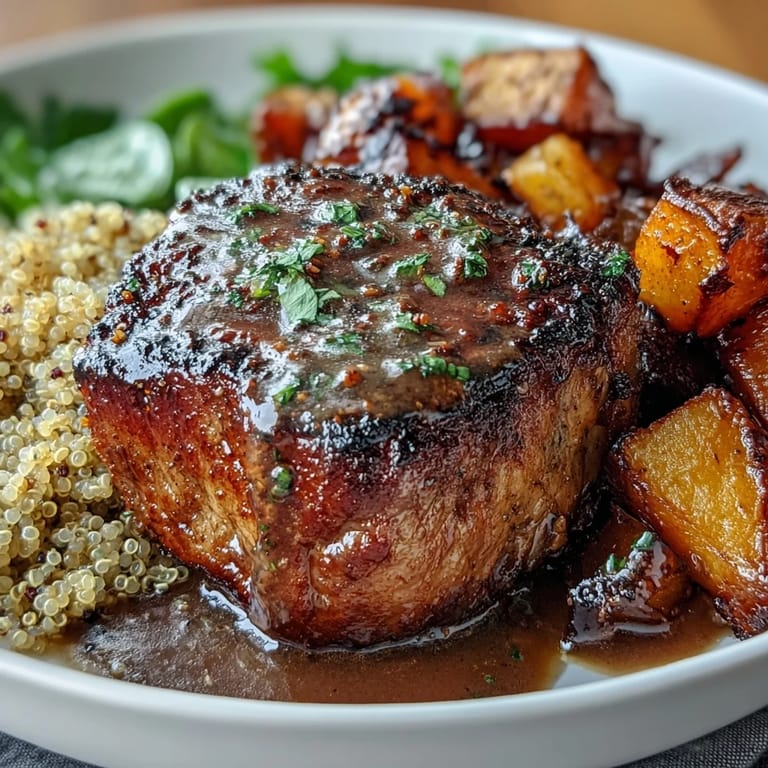 Hearty steak bowls featuring butternut squash, quinoa, and rich garlic herb cream sauce for dinner.  