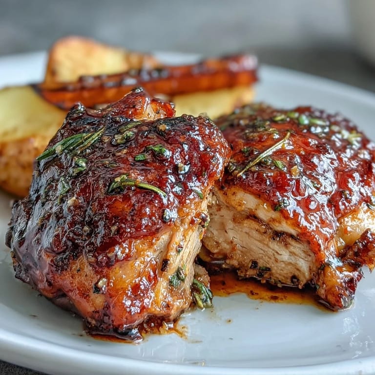 Tender chicken thighs and sweet carrots caramelized in a honey mustard glaze, served alongside crispy baby potatoes on a rustic sheet pan.