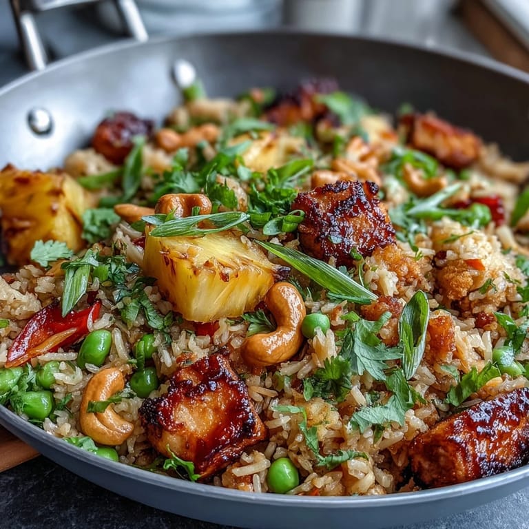 Healthy Asian-inspired pineapple fried rice featuring riced cauliflower, sweet pineapple chunks, and protein-rich edamame, served with chopped cashews.  