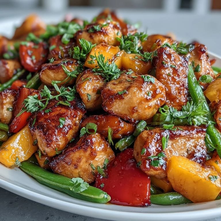 Juicy chicken and ripe mango cubes tossed with turmeric-seasoned snap peas and peppers for a fresh, aromatic stir-fry.