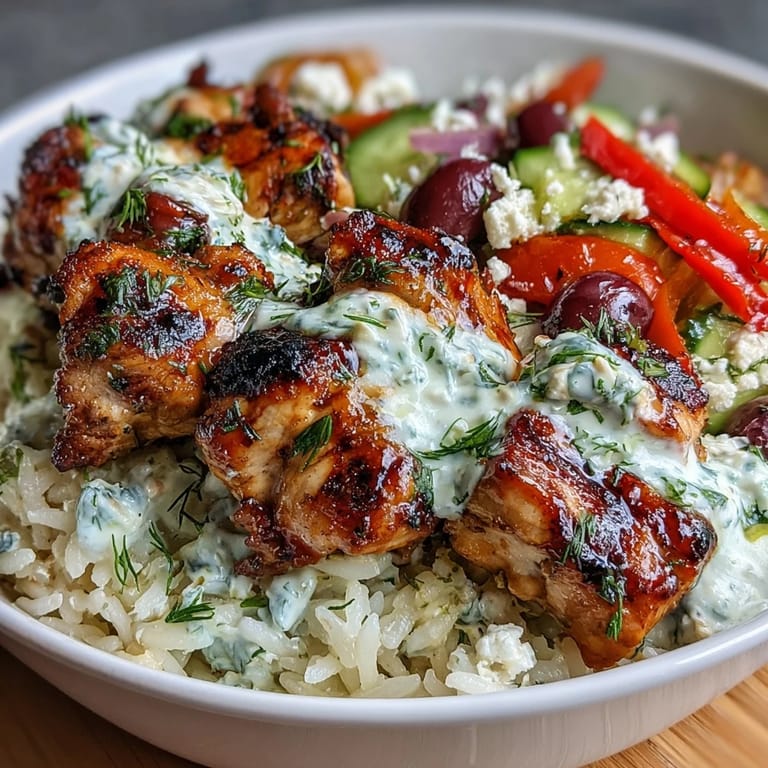 Vibrant bowl of Greek chicken souvlaki with crisp cucumbers, tomatoes, red onion, and bell peppers, topped with tangy tzatziki and crumbled feta.