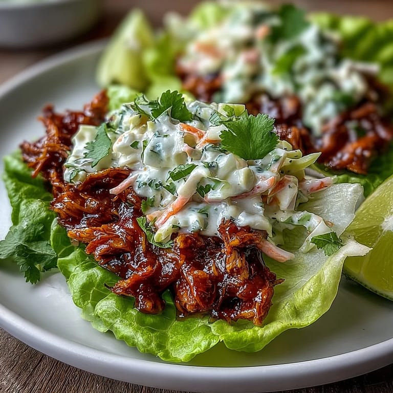 Tender BBQ jackfruit nestled in butter lettuce cups and garnished with vibrant, tangy slaw—perfect for a light and healthy dinner.
