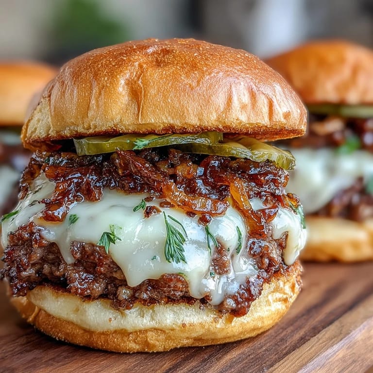 Close-up of hand holding a perfectly smashed slider burger with caramelized onions dripping slightly, served on a toasted brioche bun with pickles.  