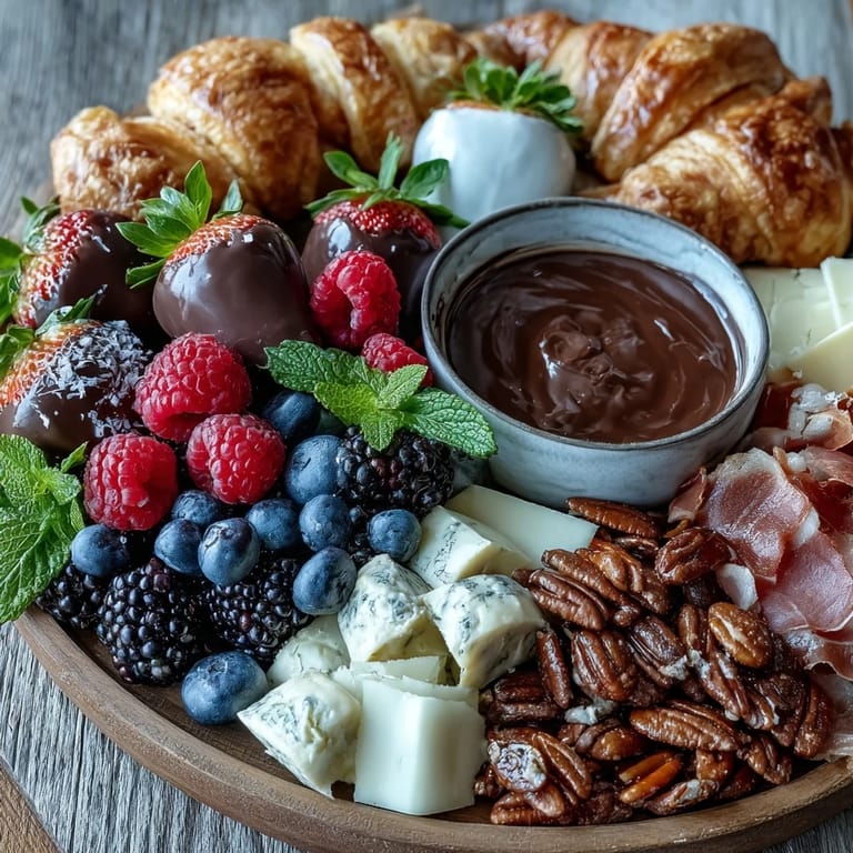 A vibrant charcuterie board featuring chocolate-dipped strawberries, assorted cheeses, and colorful berries, ideal for a Galentines brunch gathering.