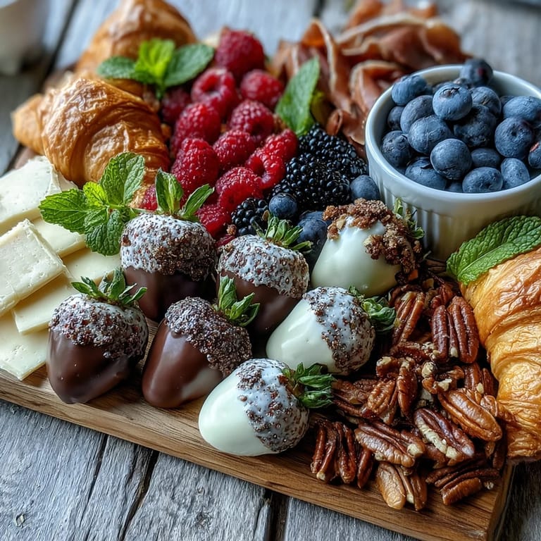 This Galentines brunch charcuterie board showcases chocolate-dipped strawberries, fresh berries, and savory cheeses, creating a beautiful and delicious centerpiece for your celebration.