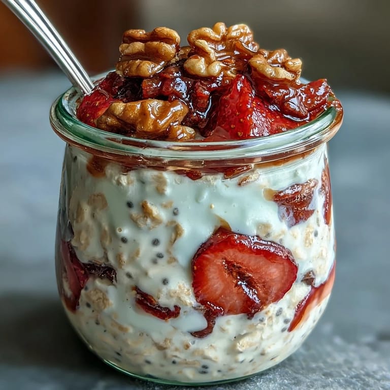 Wholesome overnight oats with fresh strawberries and crunchy maple-candied walnuts, perfect for a healthy start.