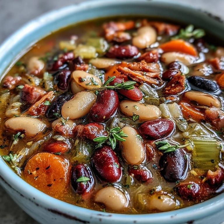 Rich, slow-cooked 15-bean soup featuring a succulent ham bone, tender vegetables, and a deep, smoky aroma in every spoonful.