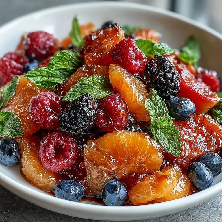 Vibrant Citrus and Berry Spring Fruit Salad with Mint: juicy strawberries, blueberries, raspberries, and citrus tossed in zesty dressing, garnished with fresh mint for a refreshing taste.  