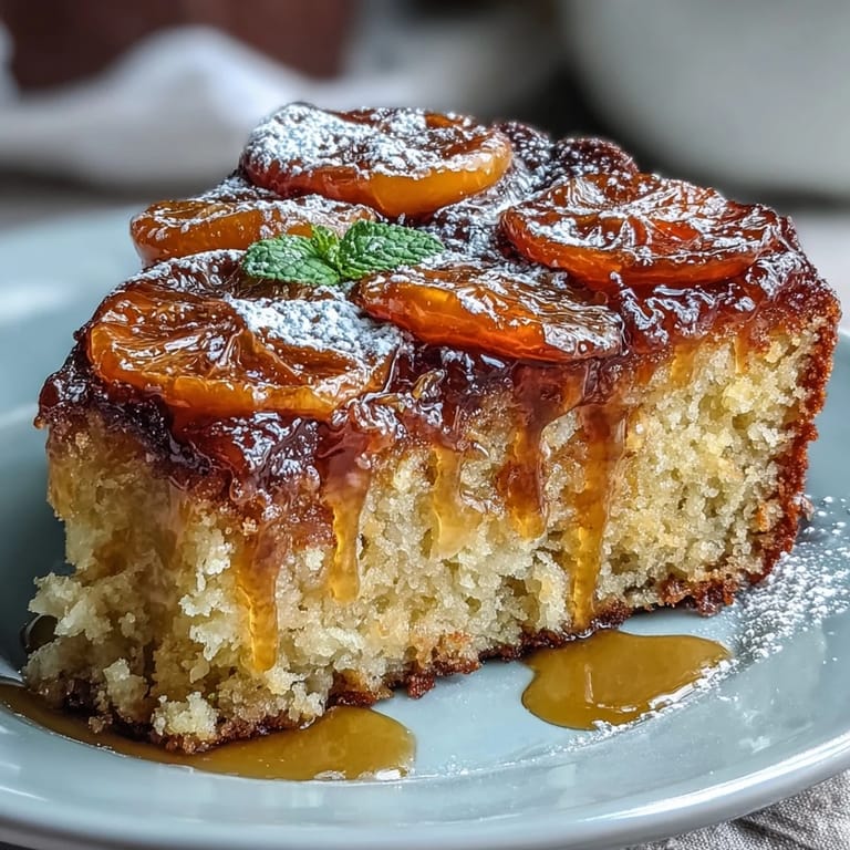 Sweet candied orange slices top a tender olive oil and almond flour cake, dusted with powdered sugar.
