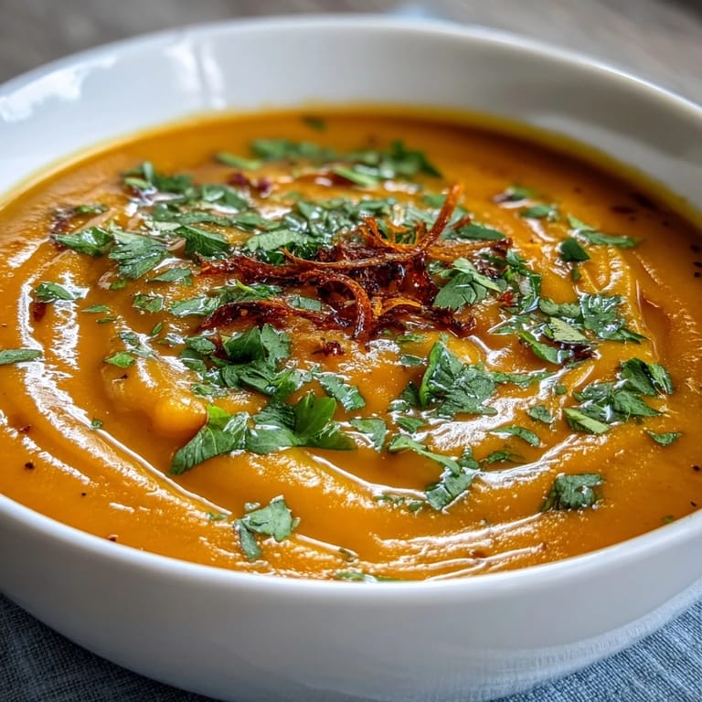 Velvety carrot and orange soup with ginger and coconut milk, perfect as a light lunch or elegant starter with crusty bread.