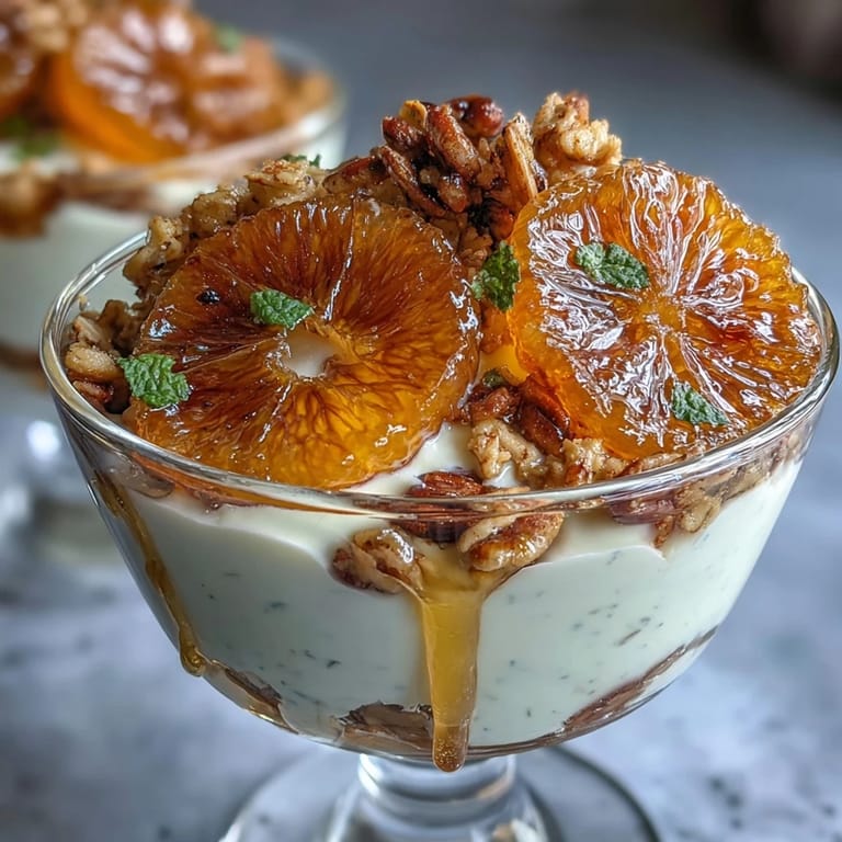 Creamy vanilla Greek yogurt layered with sweet candied oranges and crunchy granola, topped with fresh mint.