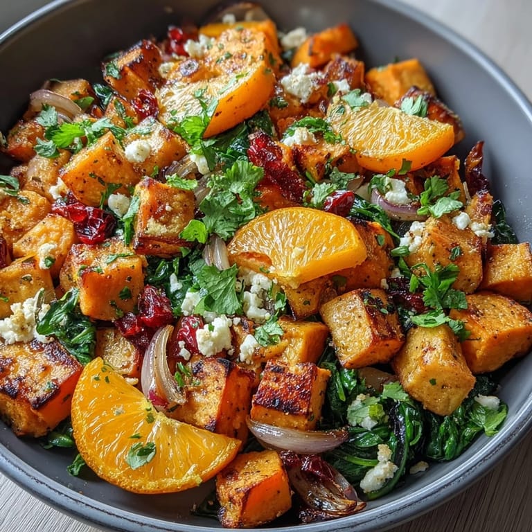 Golden sweet potatoes and vibrant orange slices roasted with bell peppers and onions, finished with crumbled feta and fresh herbs for a savory-sweet breakfast.