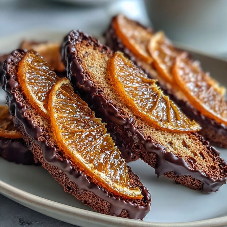 Crispy biscotti studded with chewy candied orange peel and dark chocolate, a delightful treat for tea time.