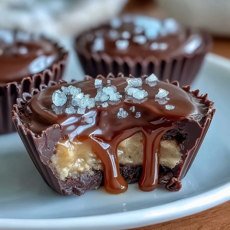 Decadent chocolate peanut butter cups filled with creamy caramel and a hint of sea salt, perfect for satisfying dessert cravings.