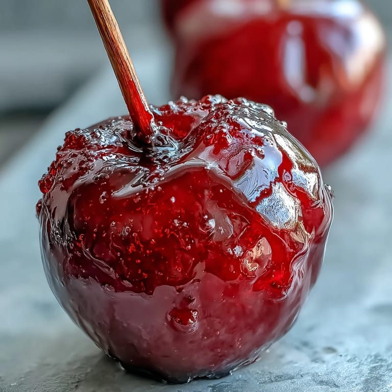 Bite-sized apples dipped in shiny, hard candy coating, arranged on sticks for easy, fun party treats.  