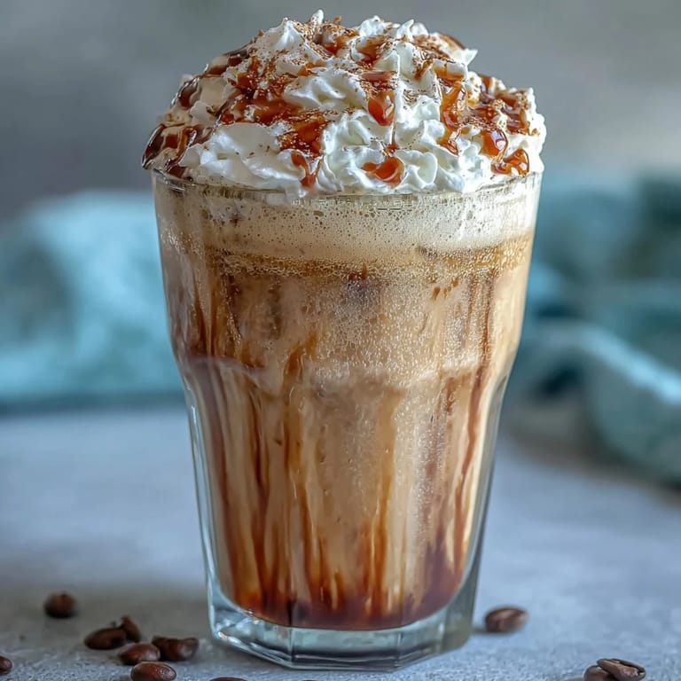 Iced vanilla bean frappuccino topped with fluffy coconut whipped cream and a sprinkle of cinnamon.