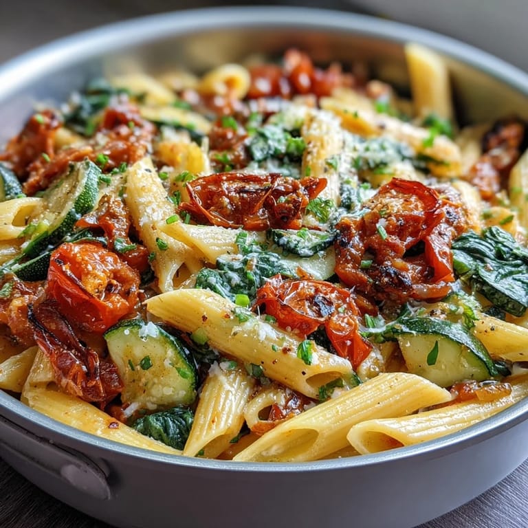 Easy one-pot vegetarian pasta featuring zucchini, bell pepper, and spinach simmered in a savory tomato sauce, finished with Parmesan.