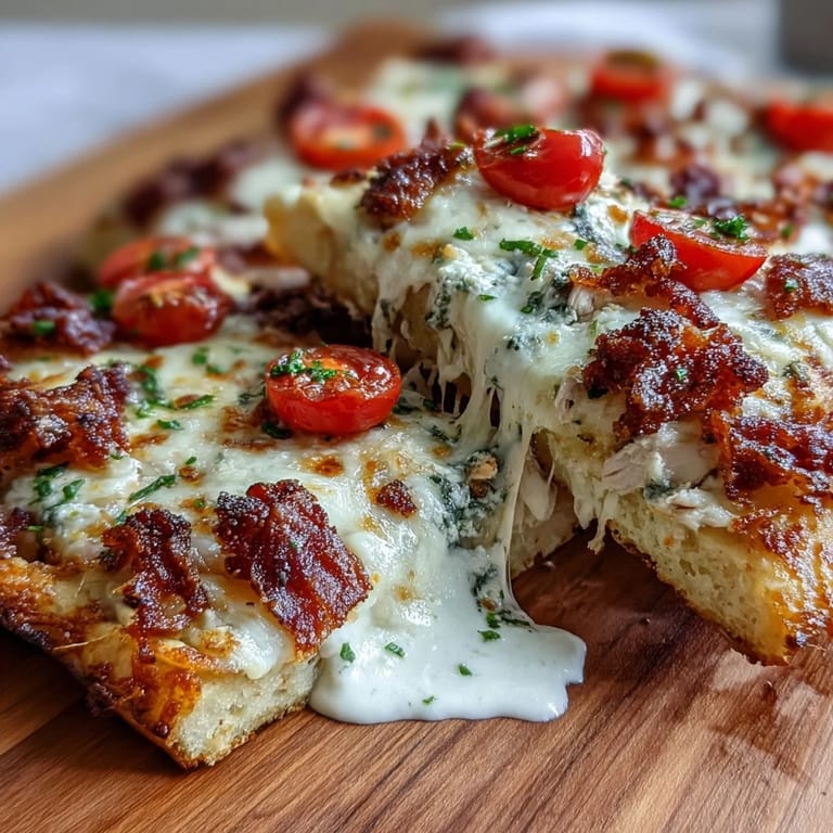 Kentucky Derby Hot Brown Flatbread Pizza with turkey, bacon, tomatoes, and creamy Mornay sauce on golden crust.