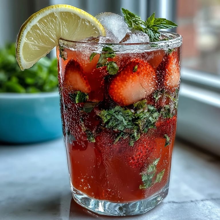Vibrant glass of strawberry basil lemonade, garnished with lemon slices and fresh herbs, served over ice.