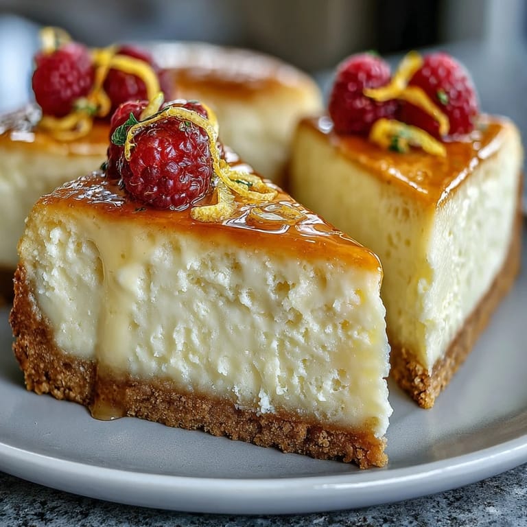 Individual jars filled with tangy lemon cheesecake mousse, a crisp graham cracker base, and topped with bright lemon curd and raspberries.