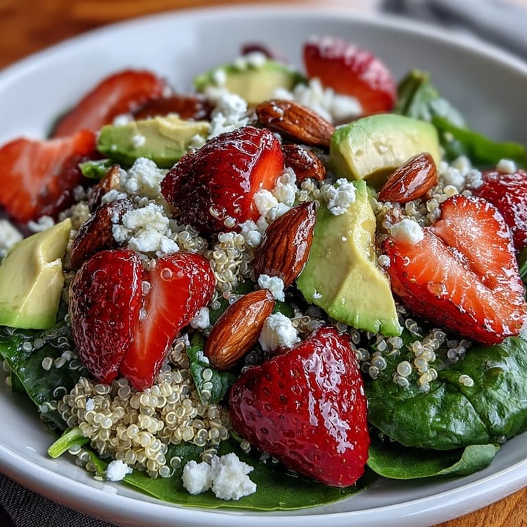 Colorful strawberry avocado quinoa salad featuring ripe strawberries, diced avocado, and protein-rich quinoa for a healthy meal.