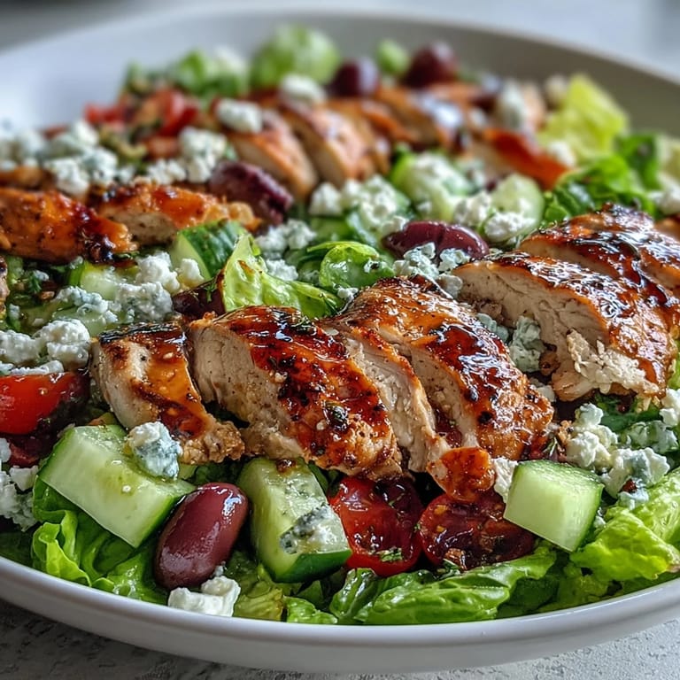 Healthy Greek Salad Bowl with Grilled Chicken, featuring fresh Romaine, ripe cherry tomatoes, and succulent chicken breast, perfect for a satisfying gluten-free meal.