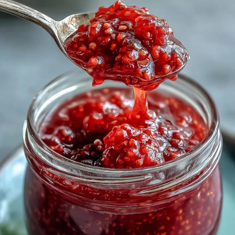 Fresh homemade raspberry lemon chia jam with whole berries, lemon zest, and seeds, perfect for topping yogurt or oatmeal.