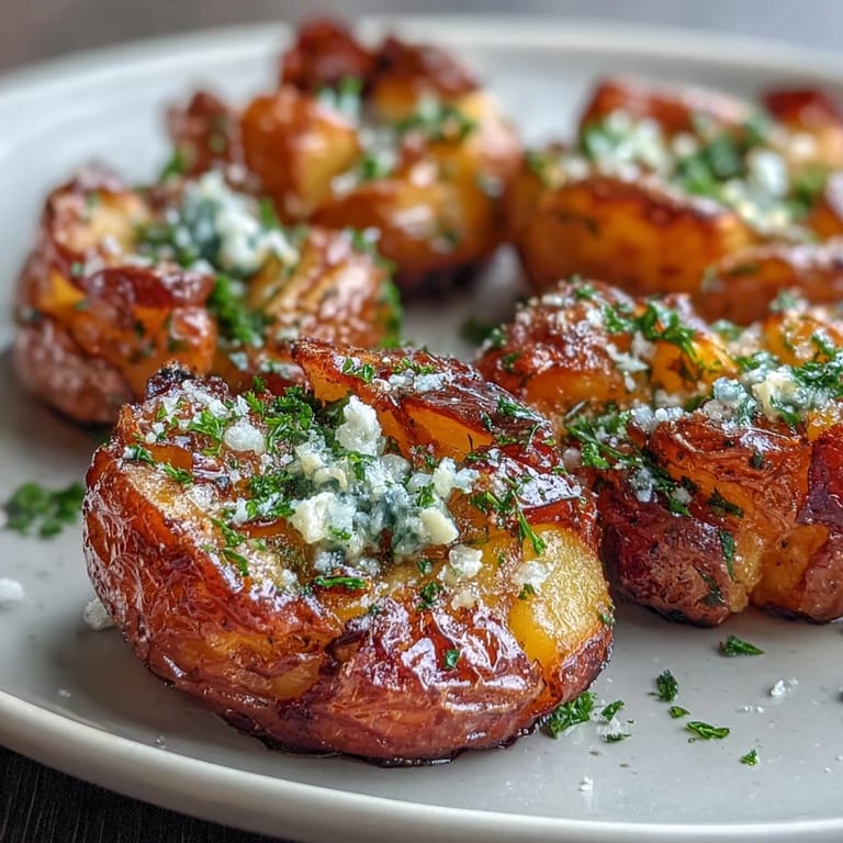 Oven-baked crispy smashed potatoes with garlic and smoked paprika, garnished with fresh herbs for flavor.