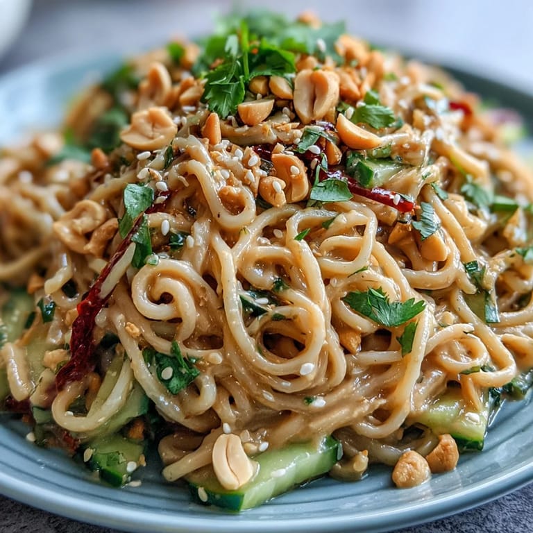 Colorful Thai-inspired noodle salad featuring crunchy bell peppers, carrots, and cucumbers tossed in a creamy peanut-lime dressing with cilantro.