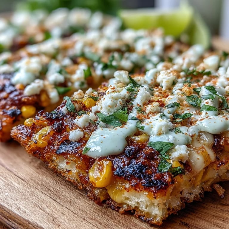 Vibrant street corn flatbread adorned with creamy cotija and cooling crema.