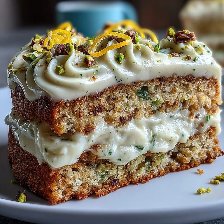 Festive layered birthday cake filled with bright lemon and nutty pistachio flavors.