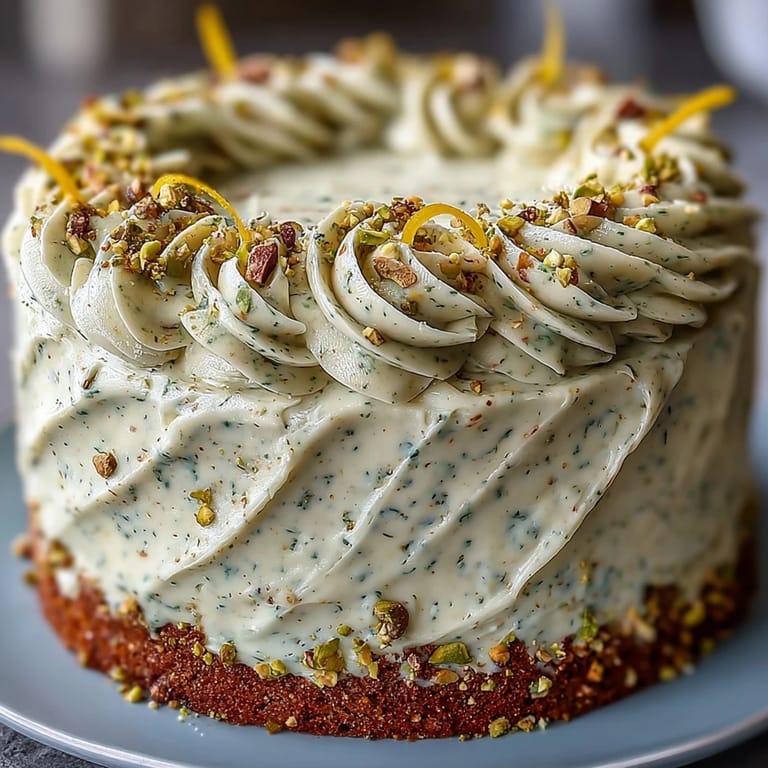 A beautiful slice of lemon pistachio cake, frosted and adorned with bright green crunch.