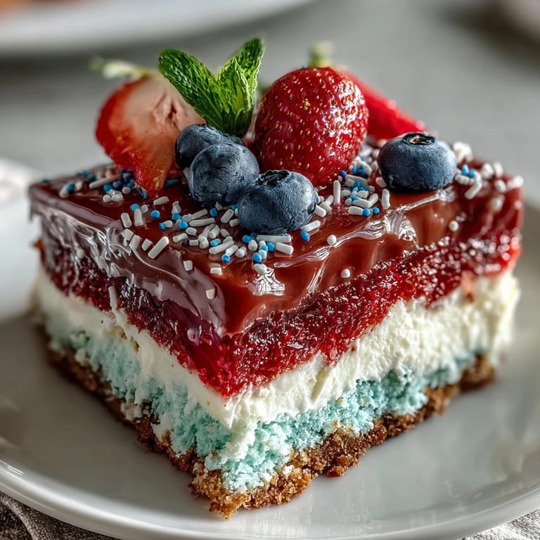 Festive Patriotic Poke Cake topped with fluffy whipped cream, ready for your celebration.