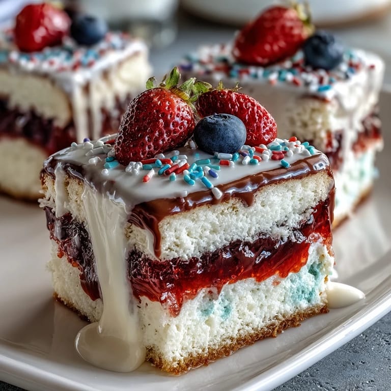 Moist Patriotic Poke Cake layered with vibrant gelatin and smooth white chocolate ganache.