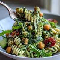 Creamy vegan pesto chickpea pasta salad with arugula, cherry tomatoes, and cucumber in a large bowl, garnished with fresh basil.  