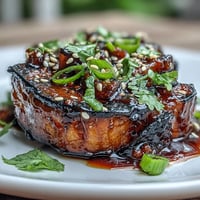Golden miso-glazed eggplant steaks sizzling from the oven, caramelized edges glistening with savory-sweet umami sauce.  