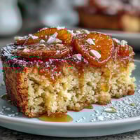 Candied orange slices adorn a moist almond flour cake baked with olive oil, perfect for tea time.