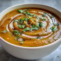 A vibrant bowl of carrot and orange soup with ginger and coconut milk, garnished with fresh coriander and orange zest.