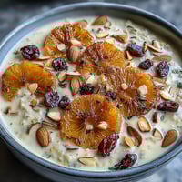 Hearty bowl of candied orange oatmeal with cranberries and almonds, topped with sweet orange slices and crunchy nuts for a nourishing breakfast.