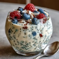 Fluffy Yogurt Chia Pudding with Vanilla Bean, topped with fresh berries and coconut flakes for a creamy, healthy treat.