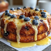 Freshly baked sourdough donuts bursting with juicy blueberries and zesty lemon, glazed to perfection for a tangy-sweet breakfast treat.  