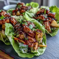 Colorful teriyaki chicken pineapple lettuce wraps with crisp lettuce leaves, juicy glazed chicken, and fresh pineapple chunks for a refreshing meal.  